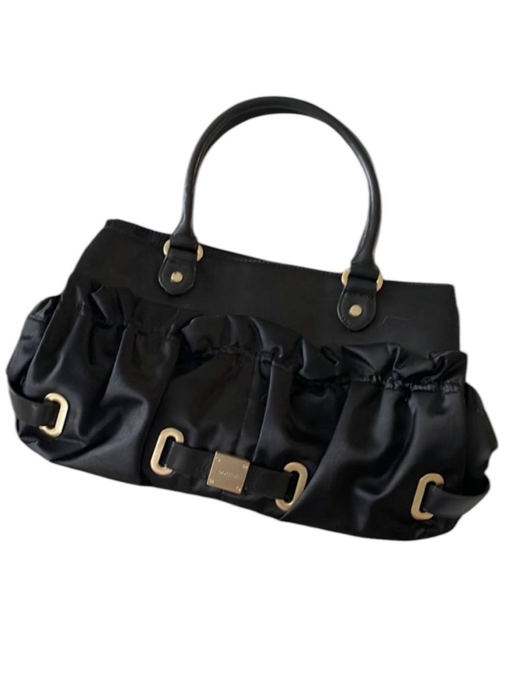 BOTKIER Black Satin Leather Trim Gold Hardware 2 Way Purse Handbag